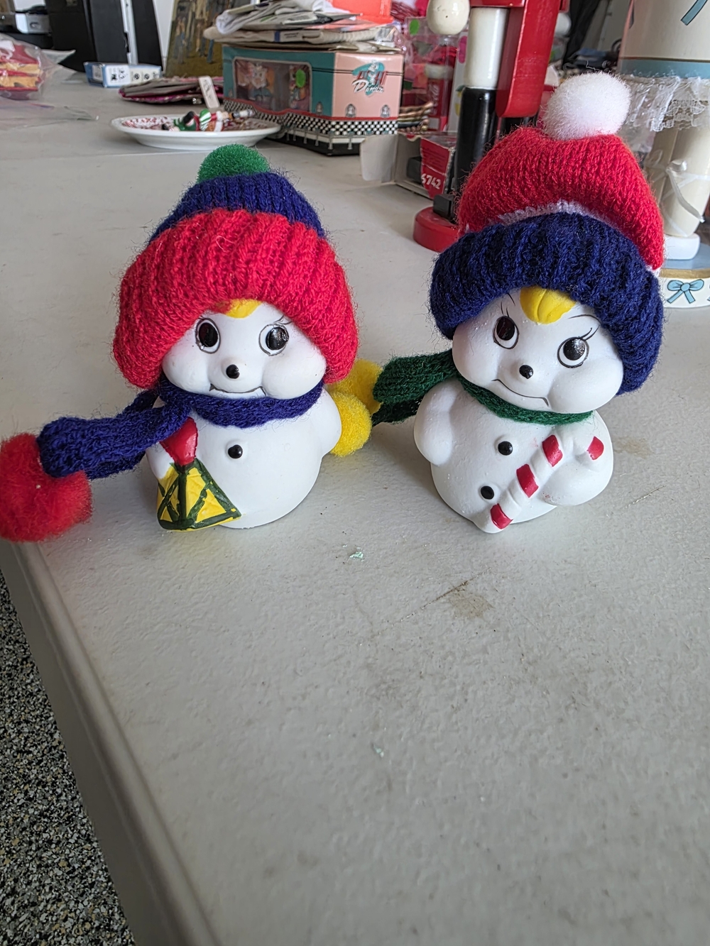 Home Interiors White Snowman Pair with Red and Blue Knit Hats